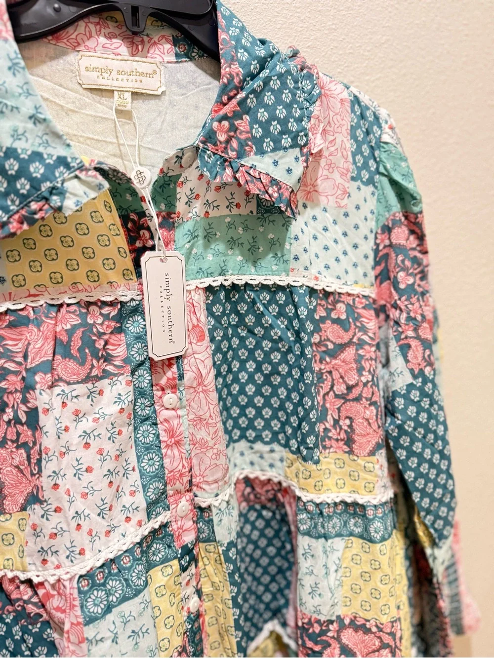 Simply southern Patchwork Ruffle Tunic in Pastel Pink, Teal & Yellow - Picture 3 of 3